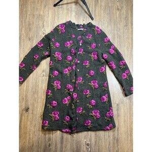 Lana Wool Floral Rose Cardigan  Womens Medium Green With Raised Roses